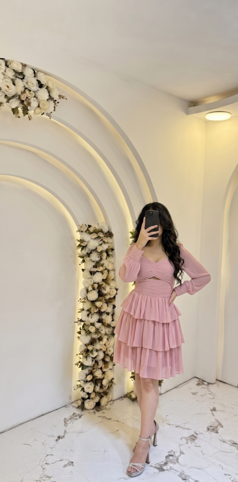 PUDRA PEMBE KALP YAKA KAT KAT KISA ELBİSE 48