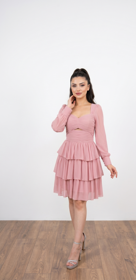 PUDRA PEMBE KALP YAKA KAT KAT KISA ELBİSE 46