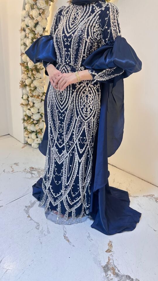 LACİVERT NAKIŞ İŞLEMELİ BALON KOL PELERİNLİ ABİYE 44