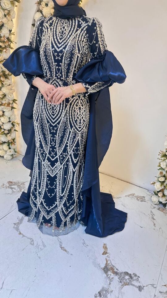 LACİVERT NAKIŞ İŞLEMELİ BALON KOL PELERİNLİ ABİYE 44