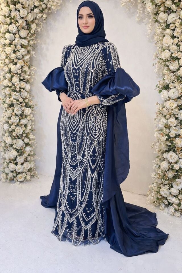 LACİVERT NAKIŞ İŞLEMELİ BALON KOL PELERİNLİ ABİYE 44