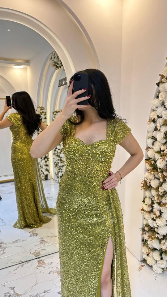 BONCUK İŞLEMELİ YAĞ YEŞİL ABİYE 40