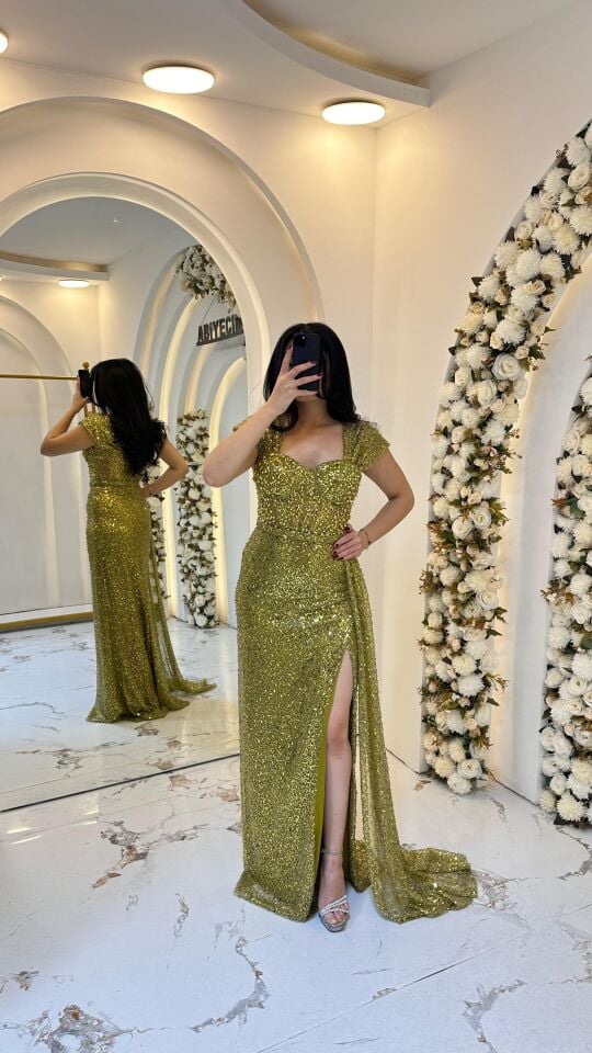 BONCUK İŞLEMELİ YAĞ YEŞİL ABİYE 40