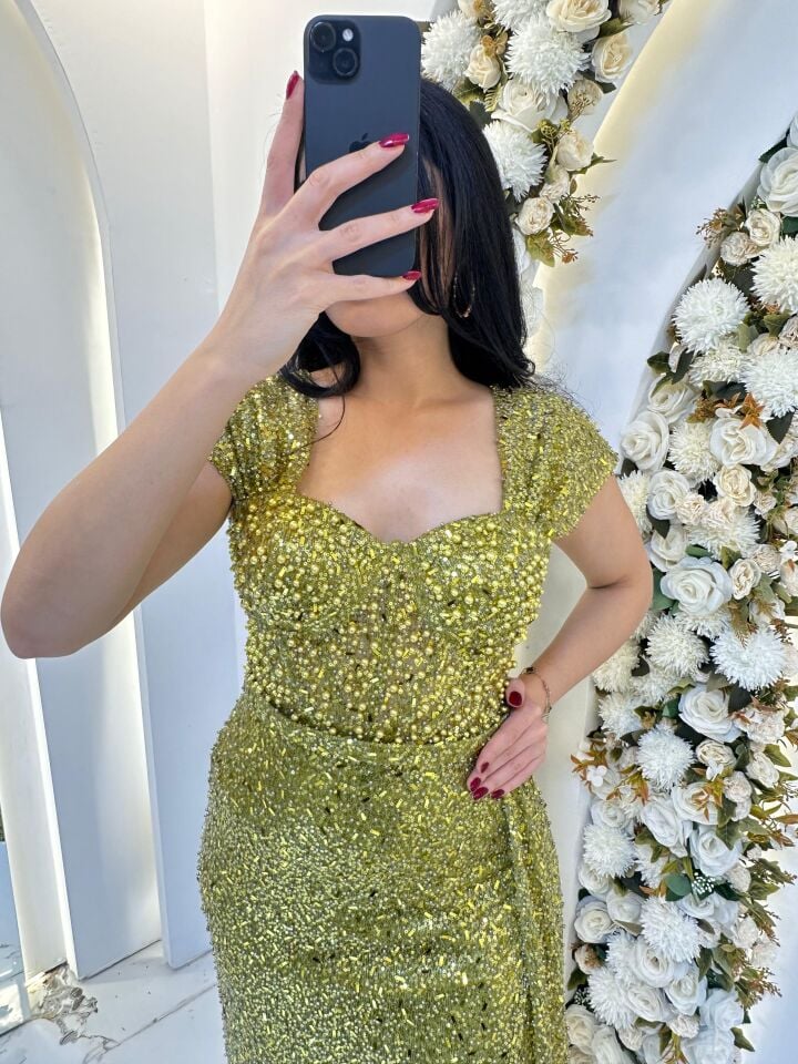 BONCUK İŞLEMELİ YAĞ YEŞİL ABİYE 40