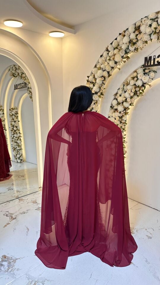 STRAPLEZ PELERİNLİ BALIK ABİYE BORDO 42