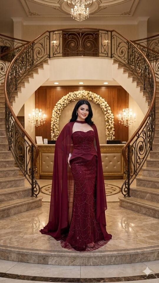 STRAPLEZ PELERİNLİ BALIK ABİYE BORDO