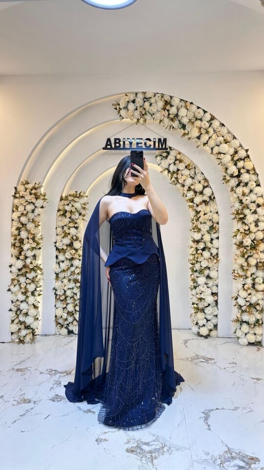 STRAPLEZ PELERİNLİ BALIK ABİYE LACİVERT 42