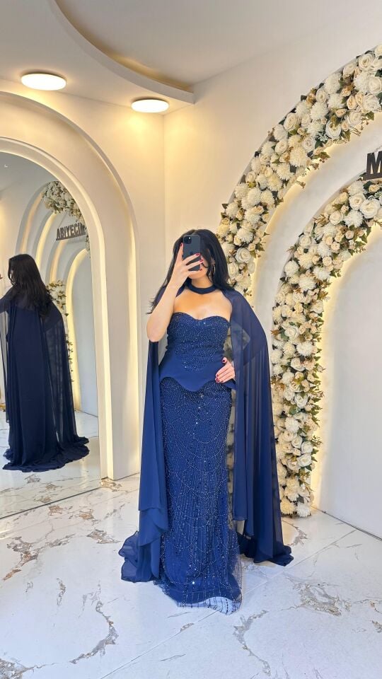 STRAPLEZ PELERİNLİ BALIK ABİYE LACİVERT 42