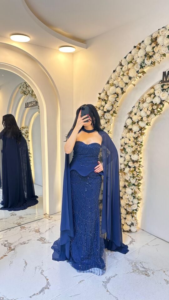 STRAPLEZ PELERİNLİ BALIK ABİYE LACİVERT 42