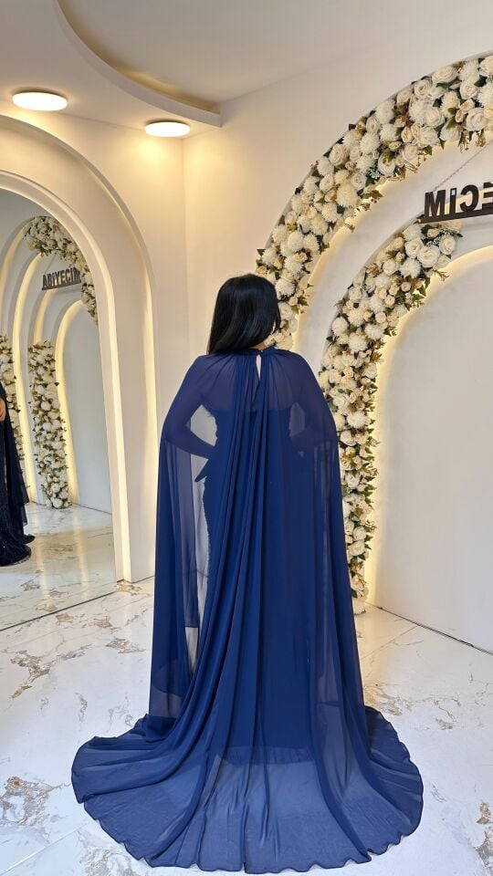 STRAPLEZ PELERİNLİ BALIK ABİYE LACİVERT 42