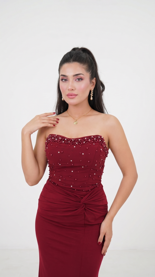 BORDO FULAR DETAYLI STRAPLEZ İNCİ İŞLEMELİ PENYE ABİYE ELBİSE 38