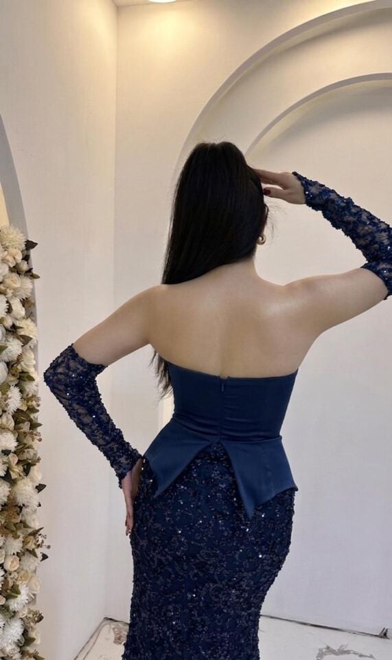 LACİVERT PUL PAYET BOYUNDAN BAĞLAMALI ABİYE 42