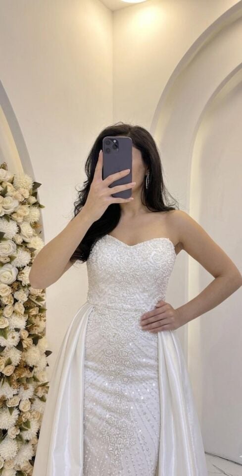 KIRIK BEYAZ KORSELİ BALIK BELDEN PELERİNLİ ABİYE 38