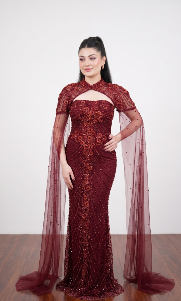 BORDO OMUZDAN PELERİNLİ BALIK ABİYE 48