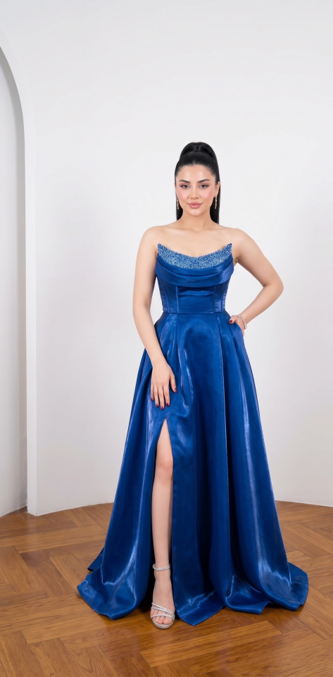 STRAPLEZ TAŞ DETAYLI SATEN MAVİ ABİYE 36