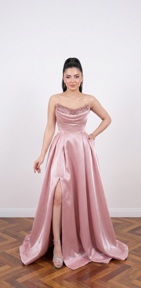 STRAPLEZ TAŞ DETAYLI SATEN PEMBE ABİYE 36