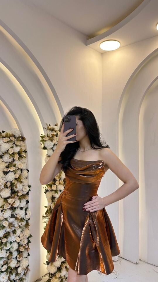 BRONZ STRAPLEZ VOLANLI MİNİ ABİYE 36