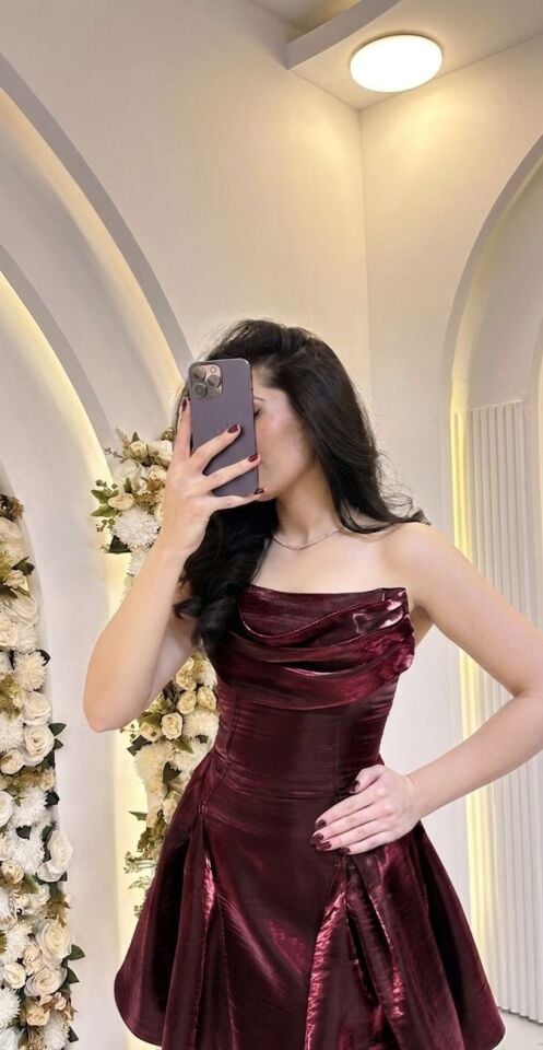 BORDO STRAPLEZ VOLANLI MİNİ ABİYE 40
