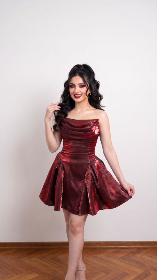 BORDO STRAPLEZ VOLANLI MİNİ ABİYE 40