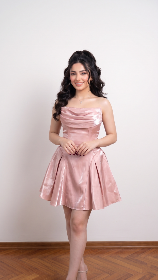 TOZ PEMBE STRAPLEZ VOLANLI MİNİ ABİYE 40